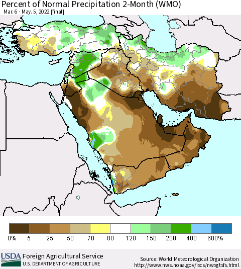 Middle East and Turkey Percent of Normal Precipitation 2-Month (WMO) Thematic Map For 3/6/2022 - 5/5/2022