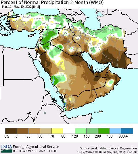 Middle East and Turkey Percent of Normal Precipitation 2-Month (WMO) Thematic Map For 3/11/2022 - 5/10/2022