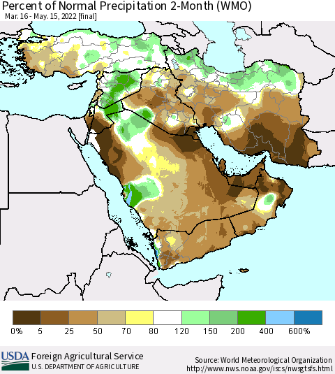 Middle East and Turkey Percent of Normal Precipitation 2-Month (WMO) Thematic Map For 3/16/2022 - 5/15/2022