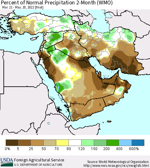 Middle East and Turkey Percent of Normal Precipitation 2-Month (WMO) Thematic Map For 3/21/2022 - 5/20/2022