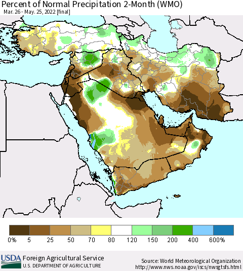 Middle East and Turkey Percent of Normal Precipitation 2-Month (WMO) Thematic Map For 3/26/2022 - 5/25/2022
