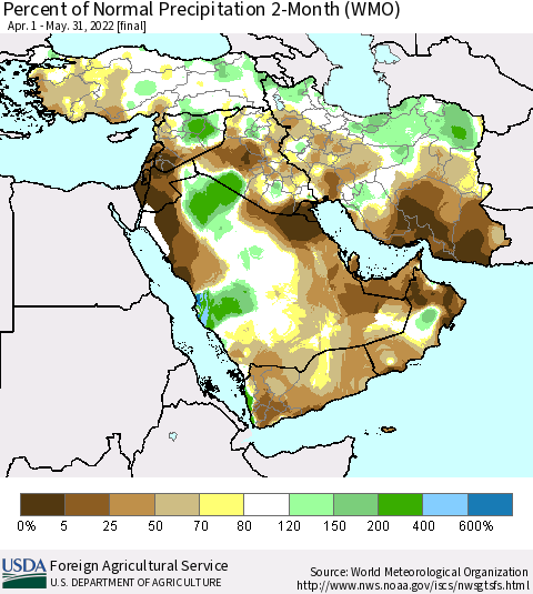 Middle East and Turkey Percent of Normal Precipitation 2-Month (WMO) Thematic Map For 4/1/2022 - 5/31/2022