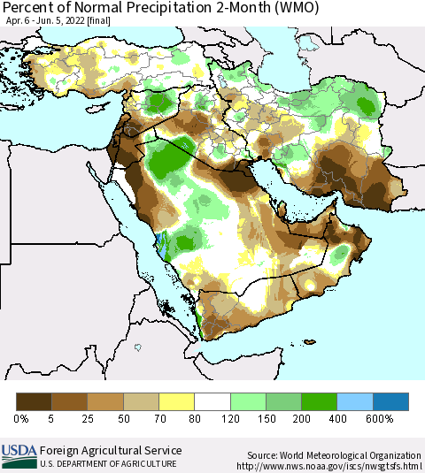 Middle East and Turkey Percent of Normal Precipitation 2-Month (WMO) Thematic Map For 4/6/2022 - 6/5/2022