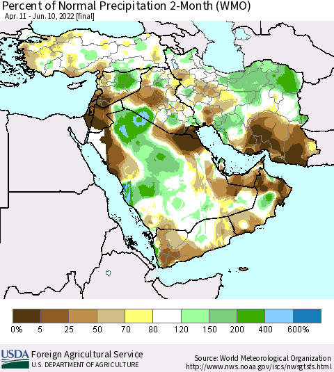 Middle East and Turkey Percent of Normal Precipitation 2-Month (WMO) Thematic Map For 4/11/2022 - 6/10/2022