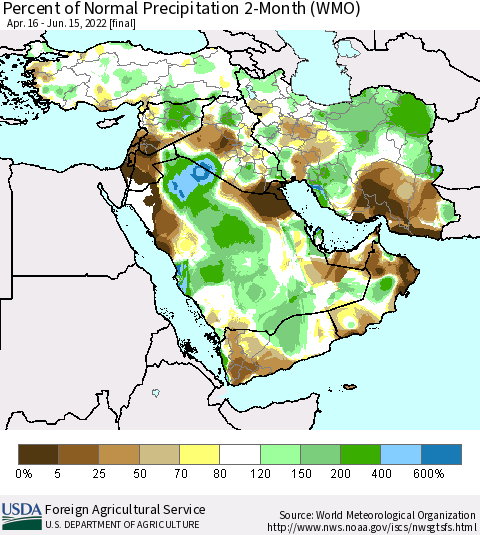 Middle East and Turkey Percent of Normal Precipitation 2-Month (WMO) Thematic Map For 4/16/2022 - 6/15/2022