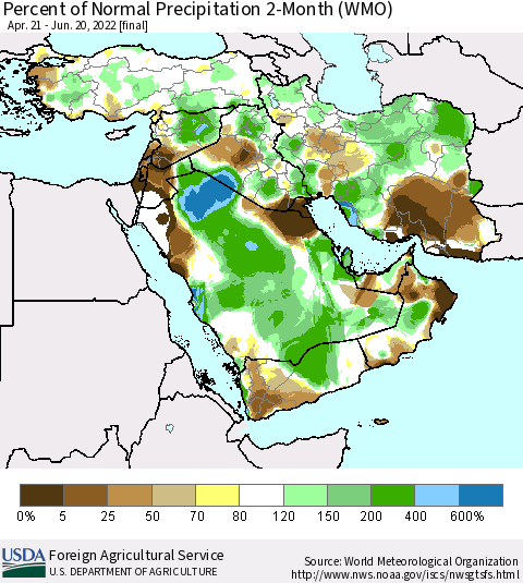Middle East and Turkey Percent of Normal Precipitation 2-Month (WMO) Thematic Map For 4/21/2022 - 6/20/2022