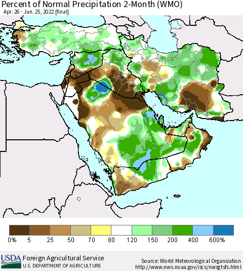 Middle East and Turkey Percent of Normal Precipitation 2-Month (WMO) Thematic Map For 4/26/2022 - 6/25/2022