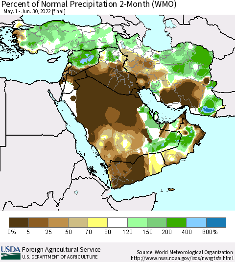 Middle East and Turkey Percent of Normal Precipitation 2-Month (WMO) Thematic Map For 5/1/2022 - 6/30/2022