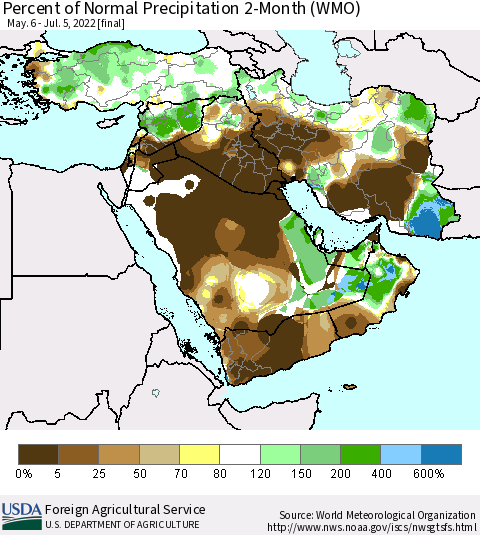 Middle East and Turkey Percent of Normal Precipitation 2-Month (WMO) Thematic Map For 5/6/2022 - 7/5/2022