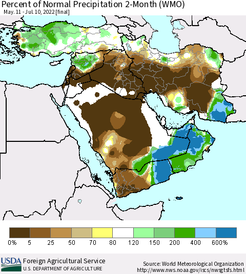 Middle East and Turkey Percent of Normal Precipitation 2-Month (WMO) Thematic Map For 5/11/2022 - 7/10/2022
