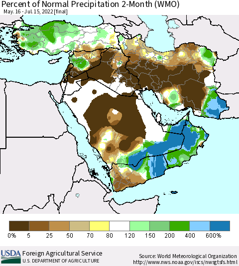 Middle East and Turkey Percent of Normal Precipitation 2-Month (WMO) Thematic Map For 5/16/2022 - 7/15/2022