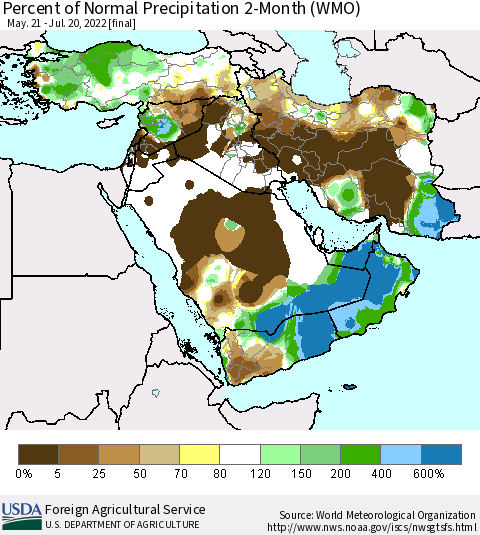 Middle East and Turkey Percent of Normal Precipitation 2-Month (WMO) Thematic Map For 5/21/2022 - 7/20/2022