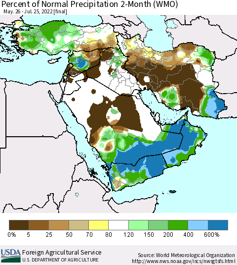 Middle East and Turkey Percent of Normal Precipitation 2-Month (WMO) Thematic Map For 5/26/2022 - 7/25/2022