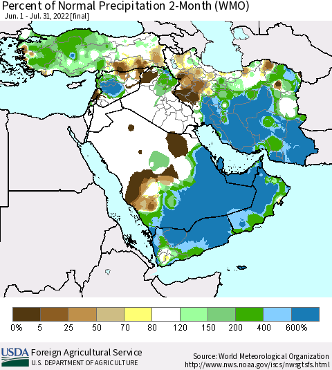 Middle East and Turkey Percent of Normal Precipitation 2-Month (WMO) Thematic Map For 6/1/2022 - 7/31/2022