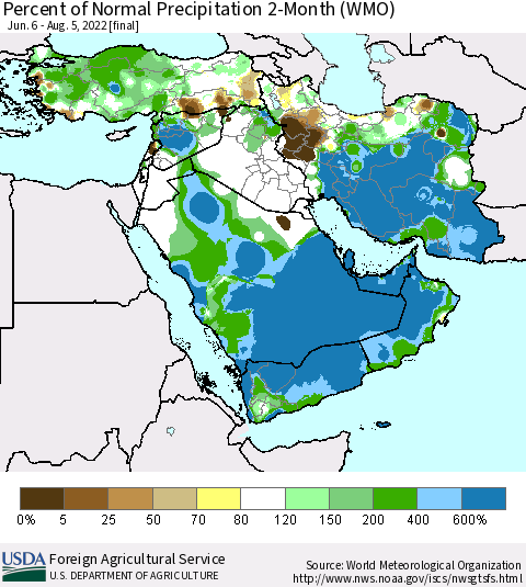 Middle East and Turkey Percent of Normal Precipitation 2-Month (WMO) Thematic Map For 6/6/2022 - 8/5/2022