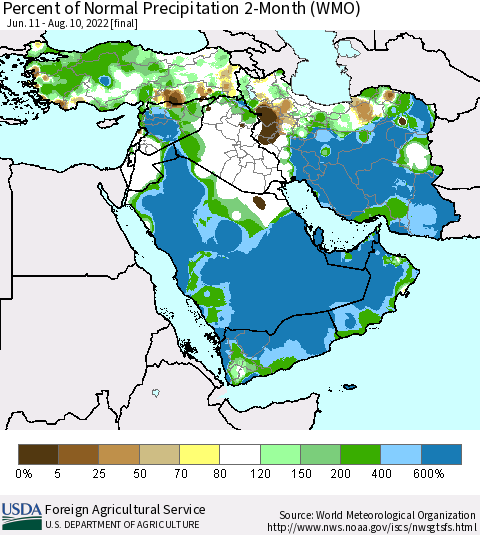 Middle East and Turkey Percent of Normal Precipitation 2-Month (WMO) Thematic Map For 6/11/2022 - 8/10/2022