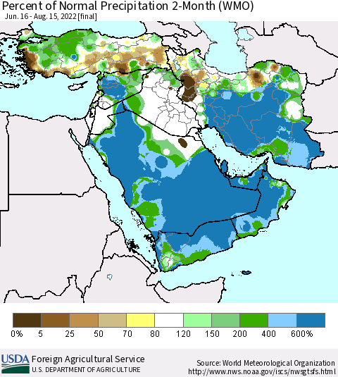 Middle East and Turkey Percent of Normal Precipitation 2-Month (WMO) Thematic Map For 6/16/2022 - 8/15/2022