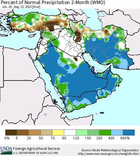 Middle East and Turkey Percent of Normal Precipitation 2-Month (WMO) Thematic Map For 6/26/2022 - 8/25/2022