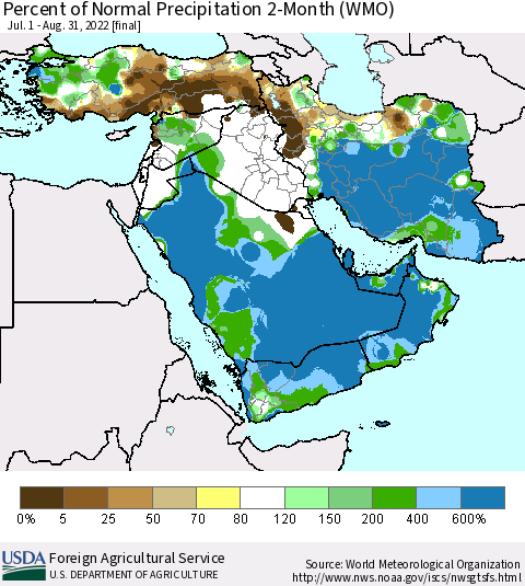 Middle East and Turkey Percent of Normal Precipitation 2-Month (WMO) Thematic Map For 7/1/2022 - 8/31/2022