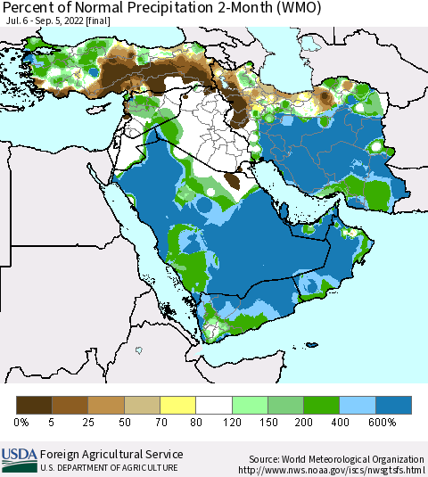 Middle East and Turkey Percent of Normal Precipitation 2-Month (WMO) Thematic Map For 7/6/2022 - 9/5/2022