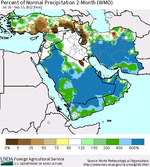 Middle East and Turkey Percent of Normal Precipitation 2-Month (WMO) Thematic Map For 7/16/2022 - 9/15/2022