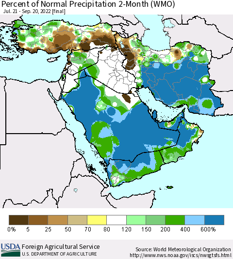 Middle East and Turkey Percent of Normal Precipitation 2-Month (WMO) Thematic Map For 7/21/2022 - 9/20/2022