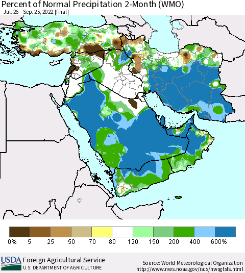 Middle East and Turkey Percent of Normal Precipitation 2-Month (WMO) Thematic Map For 7/26/2022 - 9/25/2022