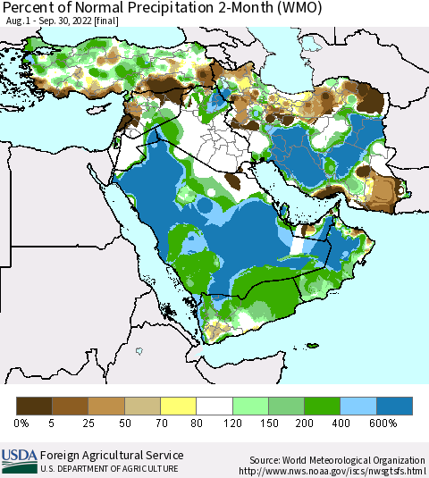 Middle East and Turkey Percent of Normal Precipitation 2-Month (WMO) Thematic Map For 8/1/2022 - 9/30/2022