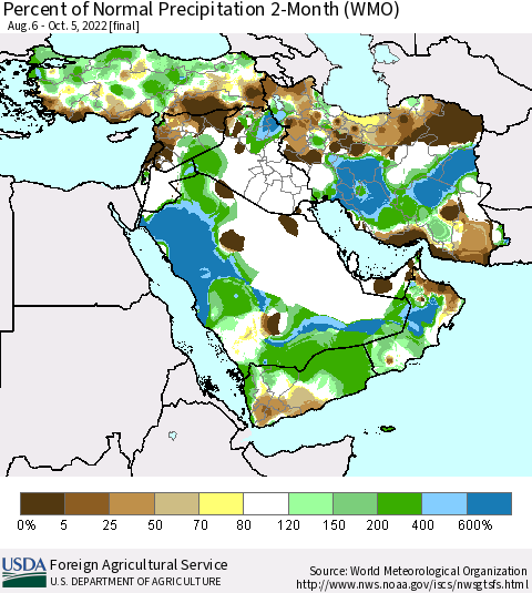 Middle East and Turkey Percent of Normal Precipitation 2-Month (WMO) Thematic Map For 8/6/2022 - 10/5/2022