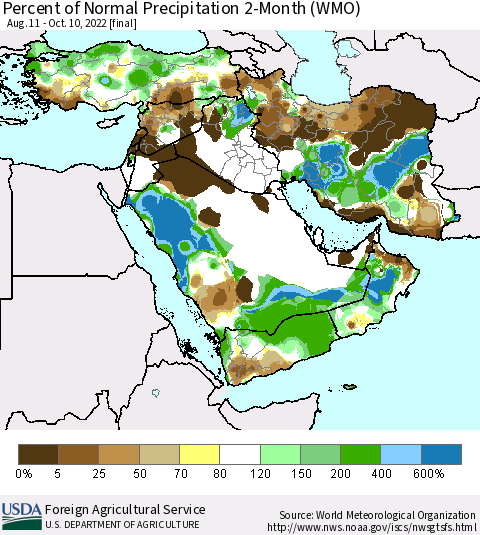 Middle East and Turkey Percent of Normal Precipitation 2-Month (WMO) Thematic Map For 8/11/2022 - 10/10/2022