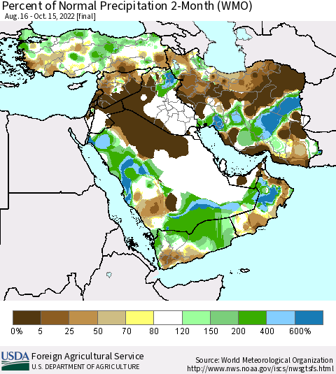 Middle East and Turkey Percent of Normal Precipitation 2-Month (WMO) Thematic Map For 8/16/2022 - 10/15/2022