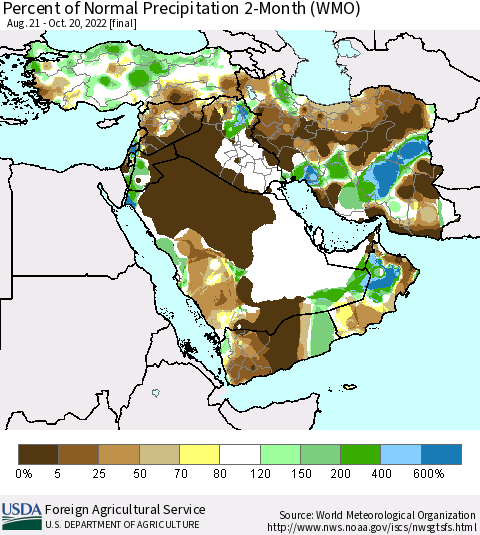 Middle East and Turkey Percent of Normal Precipitation 2-Month (WMO) Thematic Map For 8/21/2022 - 10/20/2022