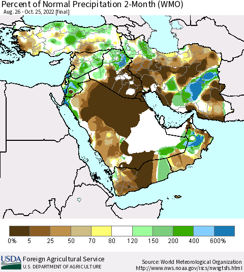 Middle East and Turkey Percent of Normal Precipitation 2-Month (WMO) Thematic Map For 8/26/2022 - 10/25/2022