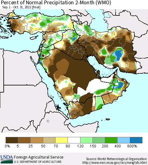 Middle East and Turkey Percent of Normal Precipitation 2-Month (WMO) Thematic Map For 9/1/2022 - 10/31/2022