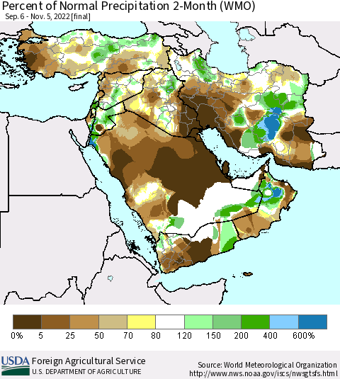 Middle East and Turkey Percent of Normal Precipitation 2-Month (WMO) Thematic Map For 9/6/2022 - 11/5/2022