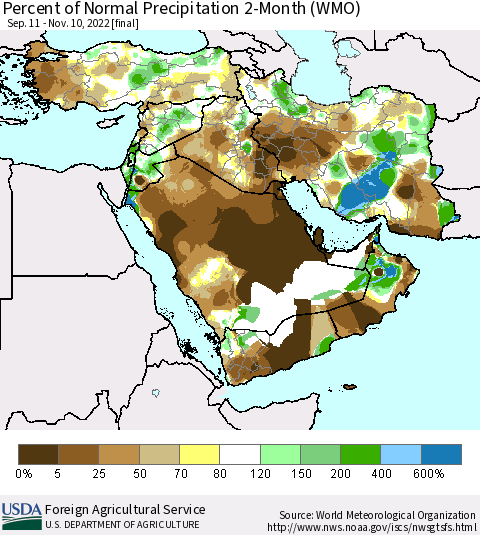Middle East and Turkey Percent of Normal Precipitation 2-Month (WMO) Thematic Map For 9/11/2022 - 11/10/2022