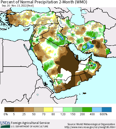 Middle East and Turkey Percent of Normal Precipitation 2-Month (WMO) Thematic Map For 9/16/2022 - 11/15/2022
