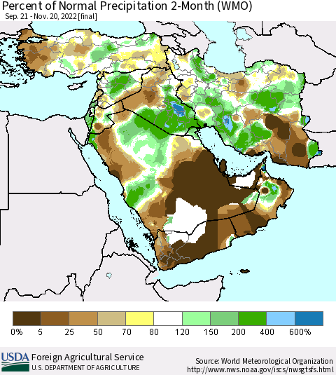 Middle East and Turkey Percent of Normal Precipitation 2-Month (WMO) Thematic Map For 9/21/2022 - 11/20/2022