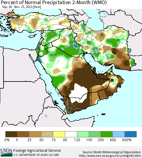 Middle East and Turkey Percent of Normal Precipitation 2-Month (WMO) Thematic Map For 9/26/2022 - 11/25/2022