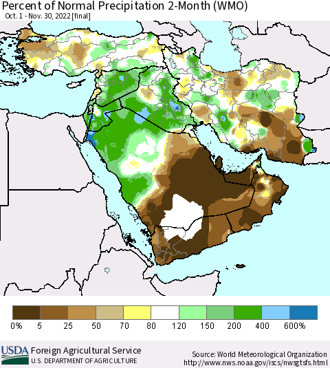 Middle East and Turkey Percent of Normal Precipitation 2-Month (WMO) Thematic Map For 10/1/2022 - 11/30/2022
