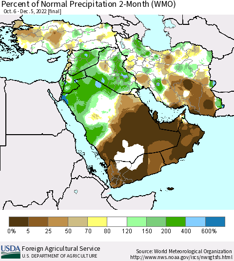 Middle East and Turkey Percent of Normal Precipitation 2-Month (WMO) Thematic Map For 10/6/2022 - 12/5/2022