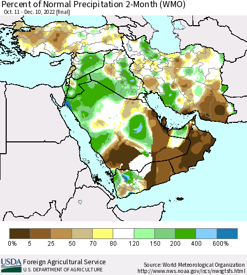 Middle East and Turkey Percent of Normal Precipitation 2-Month (WMO) Thematic Map For 10/11/2022 - 12/10/2022