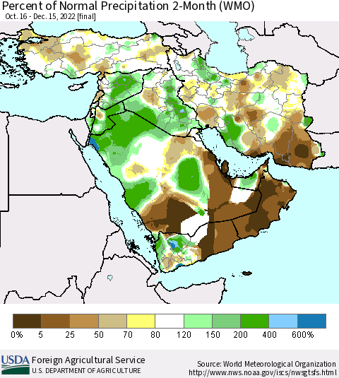 Middle East and Turkey Percent of Normal Precipitation 2-Month (WMO) Thematic Map For 10/16/2022 - 12/15/2022