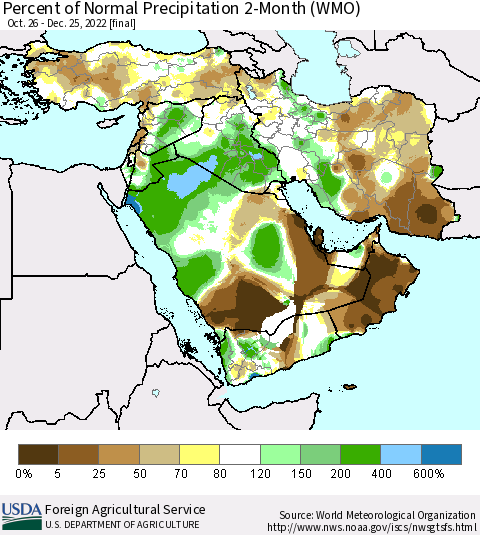 Middle East and Turkey Percent of Normal Precipitation 2-Month (WMO) Thematic Map For 10/26/2022 - 12/25/2022
