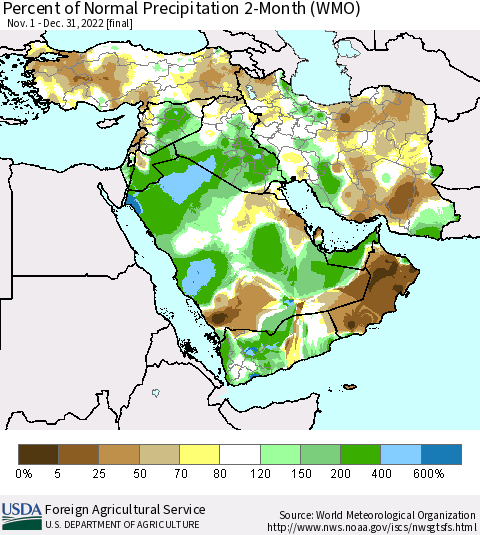 Middle East and Turkey Percent of Normal Precipitation 2-Month (WMO) Thematic Map For 11/1/2022 - 12/31/2022