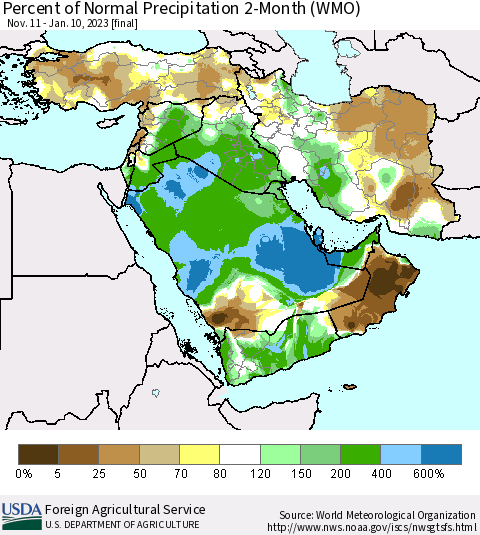 Middle East and Turkey Percent of Normal Precipitation 2-Month (WMO) Thematic Map For 11/11/2022 - 1/10/2023
