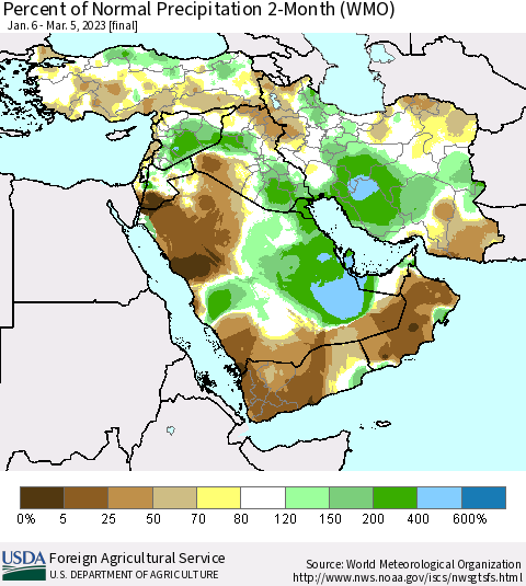Middle East and Turkey Percent of Normal Precipitation 2-Month (WMO) Thematic Map For 1/6/2023 - 3/5/2023
