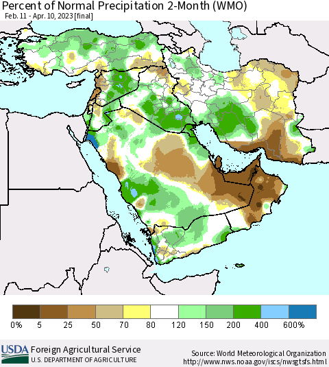Middle East and Turkey Percent of Normal Precipitation 2-Month (WMO) Thematic Map For 2/11/2023 - 4/10/2023