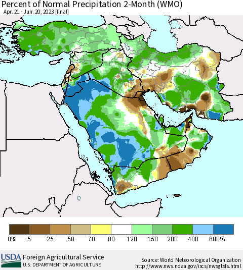 Middle East and Turkey Percent of Normal Precipitation 2-Month (WMO) Thematic Map For 4/21/2023 - 6/20/2023