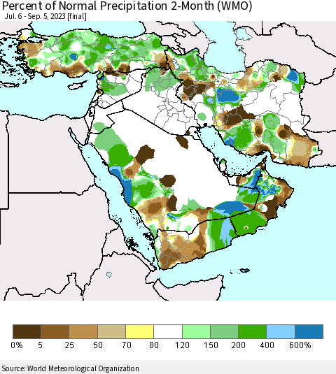 Middle East and Turkey Percent of Normal Precipitation 2-Month (WMO) Thematic Map For 7/6/2023 - 9/5/2023